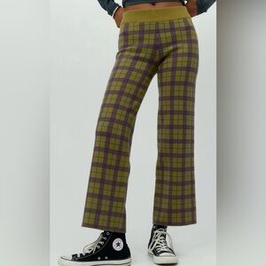 Daydreamer Plaid Knit Flare Pants Olive Purple Check XS NWT
